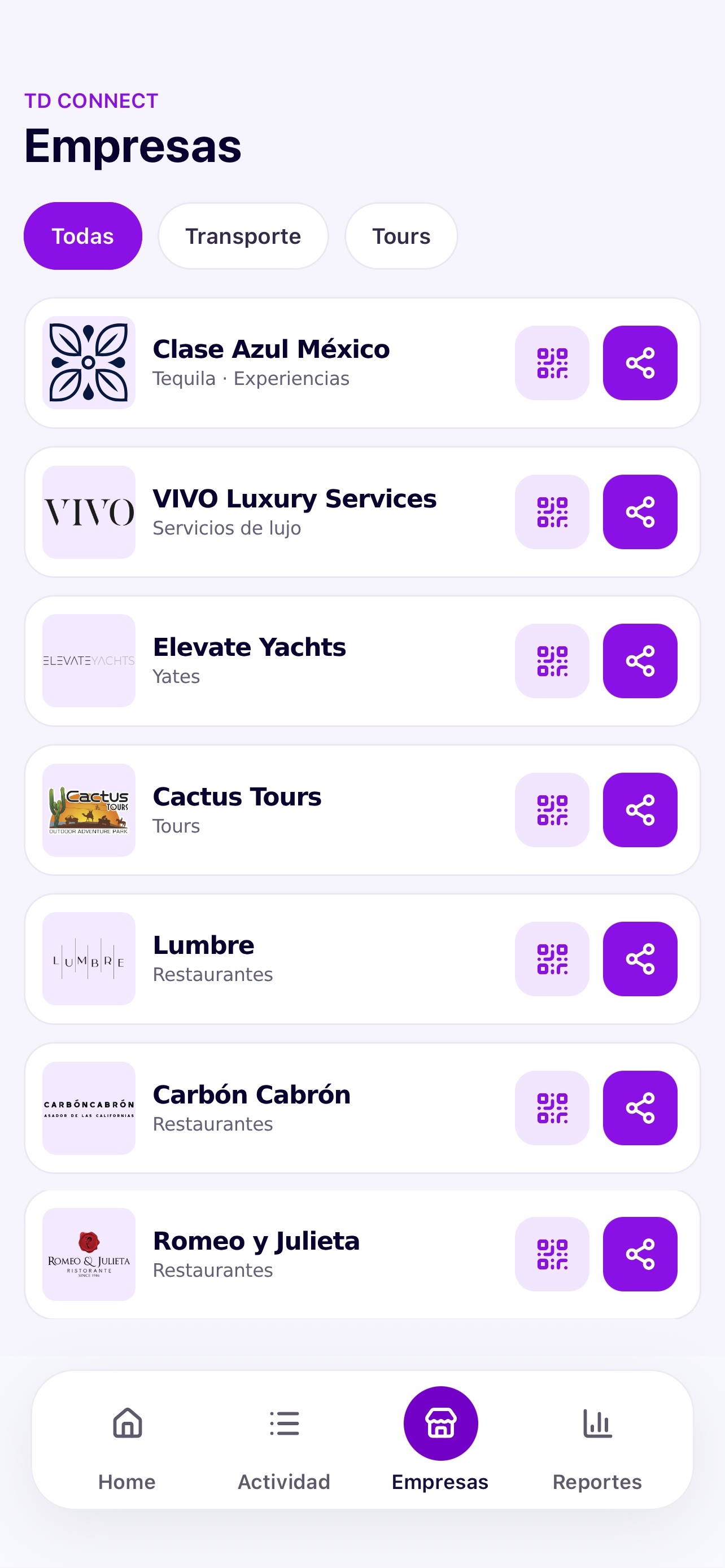 Pantalla de TravelDesk Connect con Clase Azul México, VIVO Luxury Services, Elevate Yachts, Cactus Tours, Lumbre, Carbón Cabrón y Romeo y Julieta en el directorio