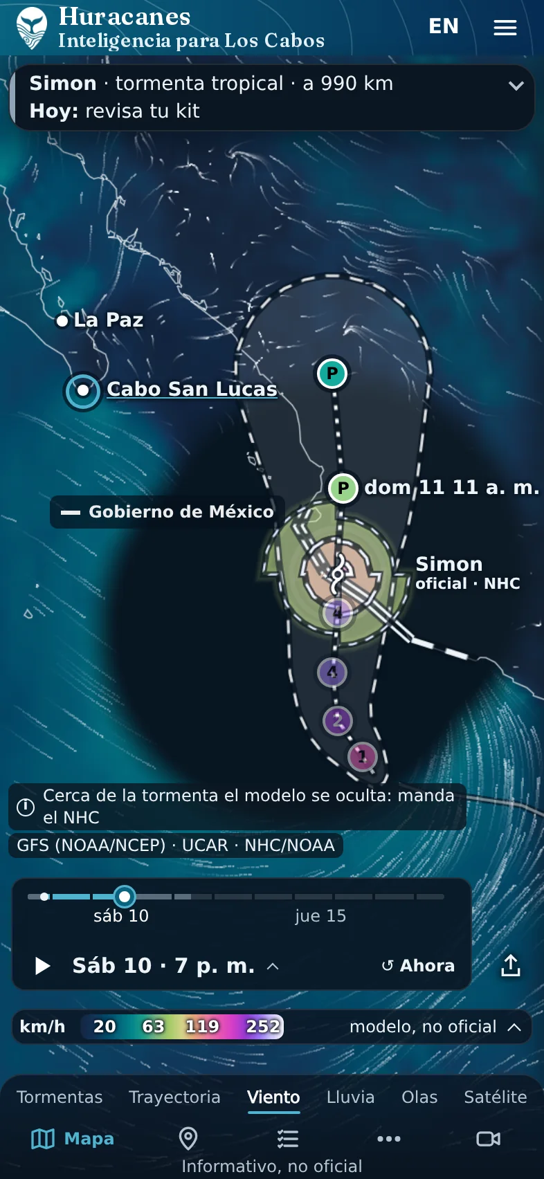 Viento el sábado 10 a las 7 p. m.: todo el viento a la vista, menos la zona de Simon
