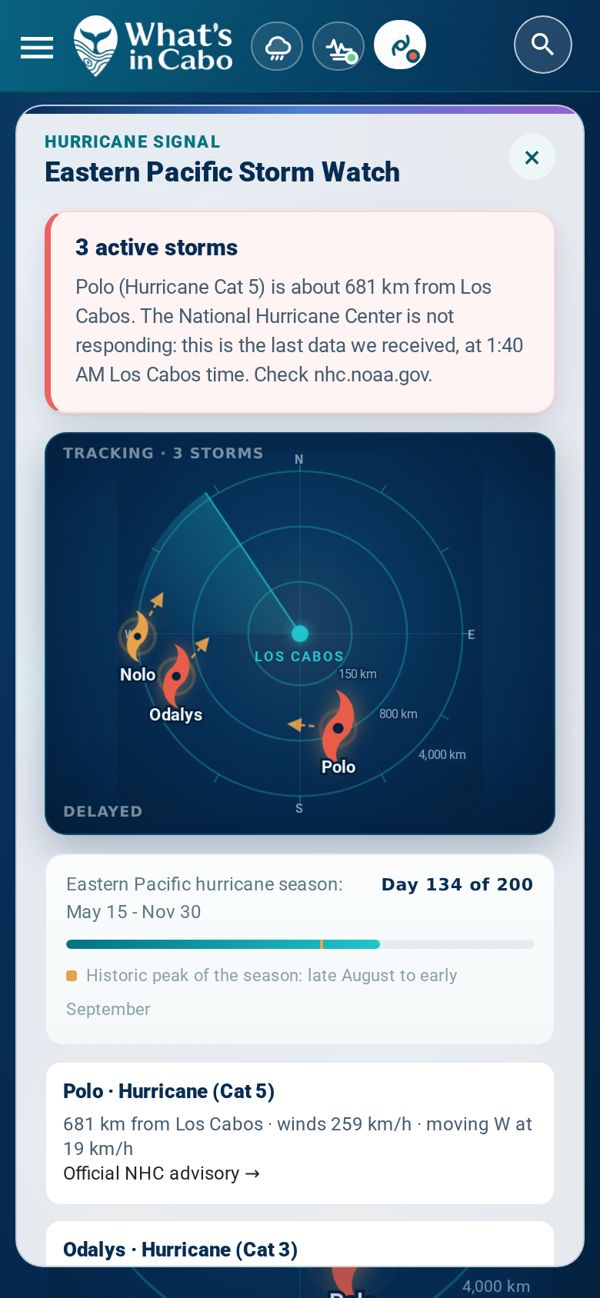 Prueba: el NHC no responde y hay dato guardado → conserva las 3 tormentas con su hora y marca DELAYED