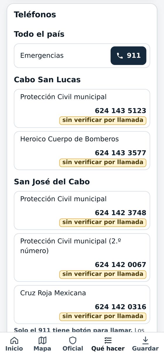 Teléfonos: solo el 911 lleva botón; los demás dicen «sin verificar por llamada» hasta que alguien llame