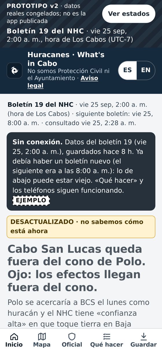 Ejemplo: sin señal, todo atenuado y «desactualizado»