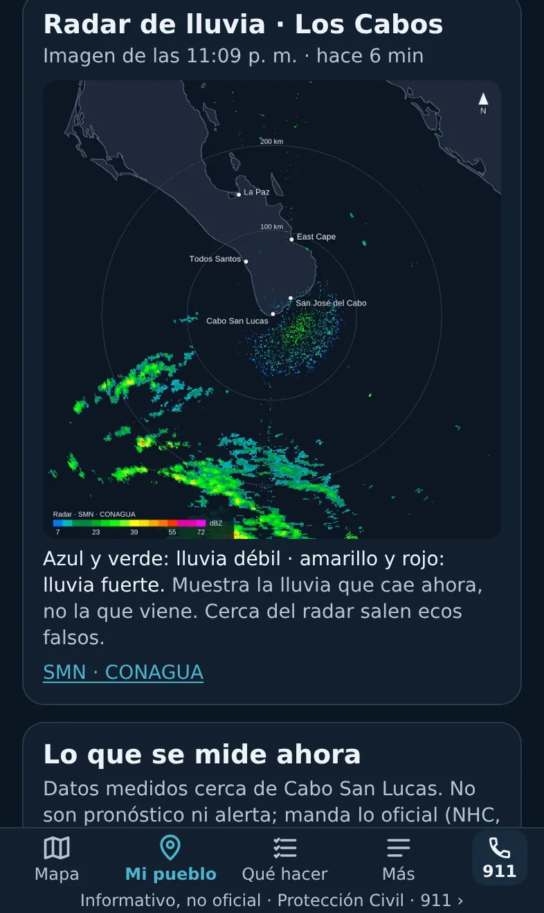 La tarjeta en el celular: hora de la imagen, leyenda en palabras, nota de los ecos falsos y crédito al SMN