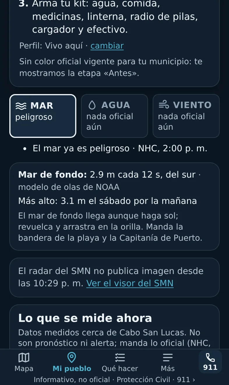 A los 30 minutos sin imagen nueva ya no se muestra la imagen: la tarjeta dice desde qué hora no hay y enlaza al visor del SMN