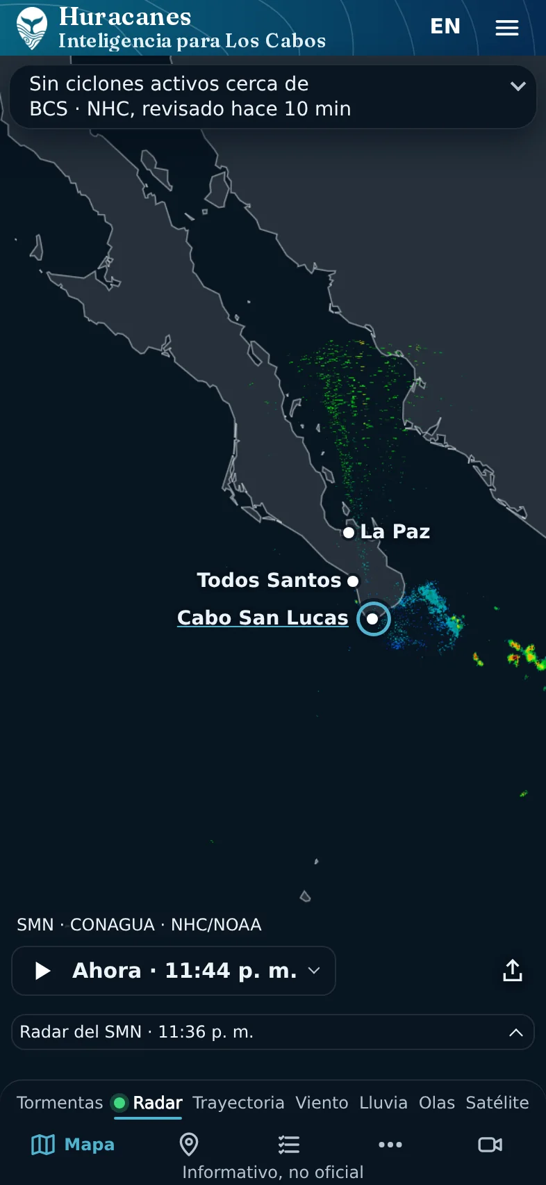 Maqueta: pestaña «Radar» elegida y el radar del SMN sobre el mapa