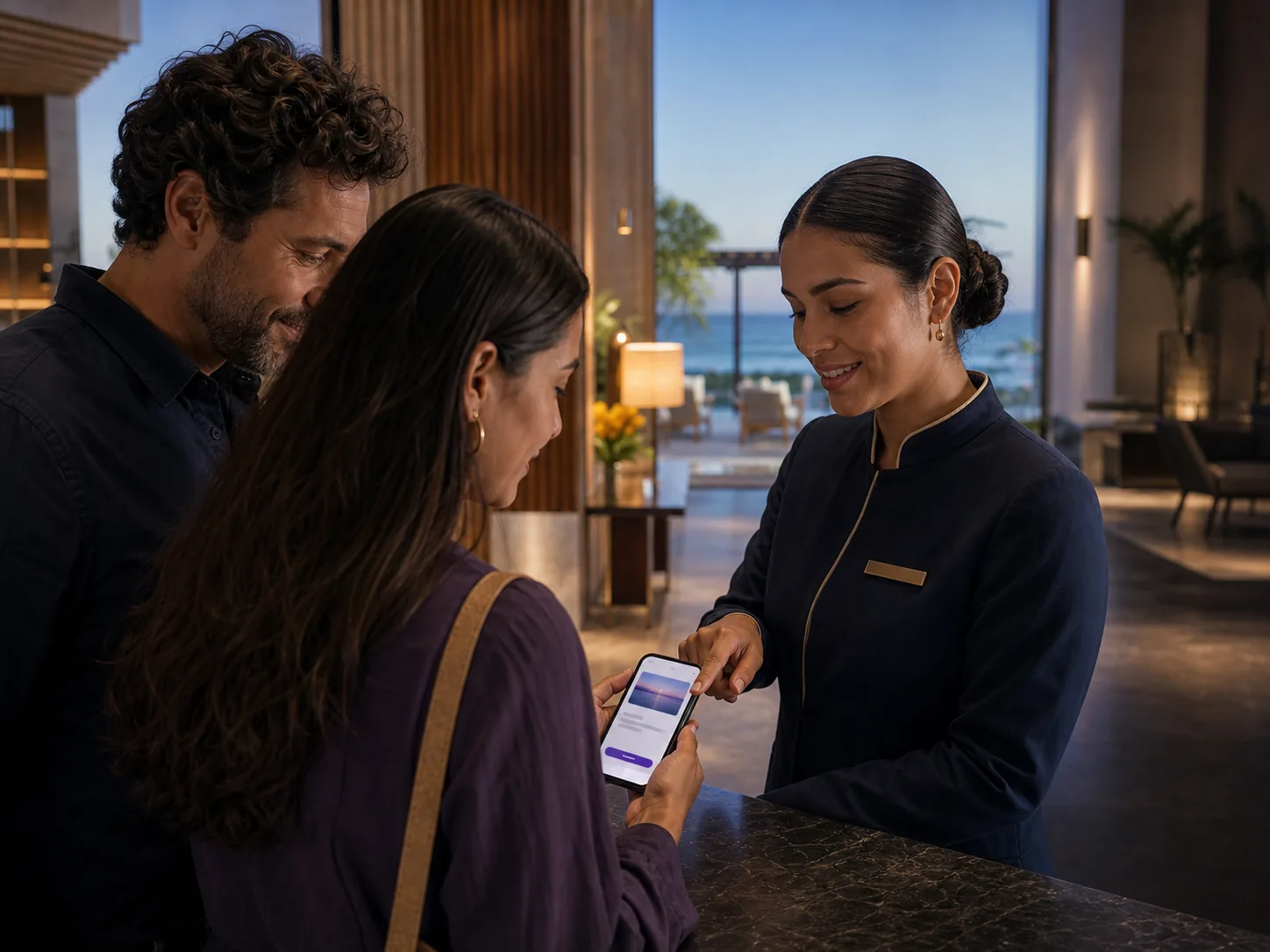 Concierge de un resort orientando a huéspedes durante una reserva