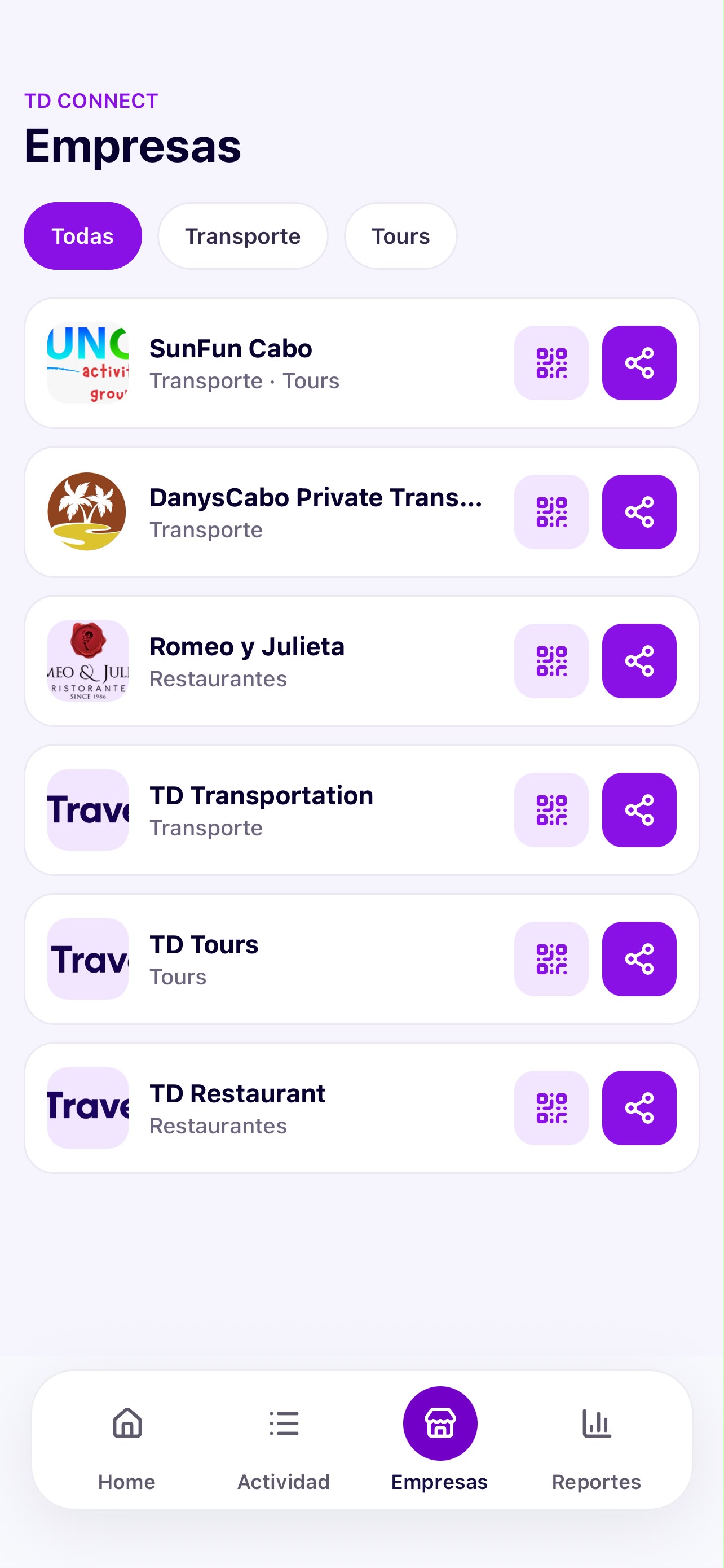 Catálogo de empresas de TravelDesk Connect con botones de QR y compartir
