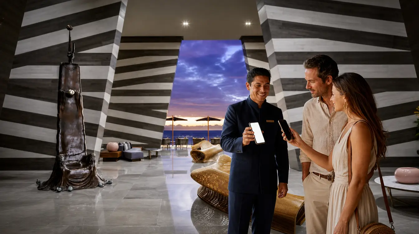 Concierge orientando a una pareja y compartiendo una recomendación desde su teléfono en un resort de Los Cabos