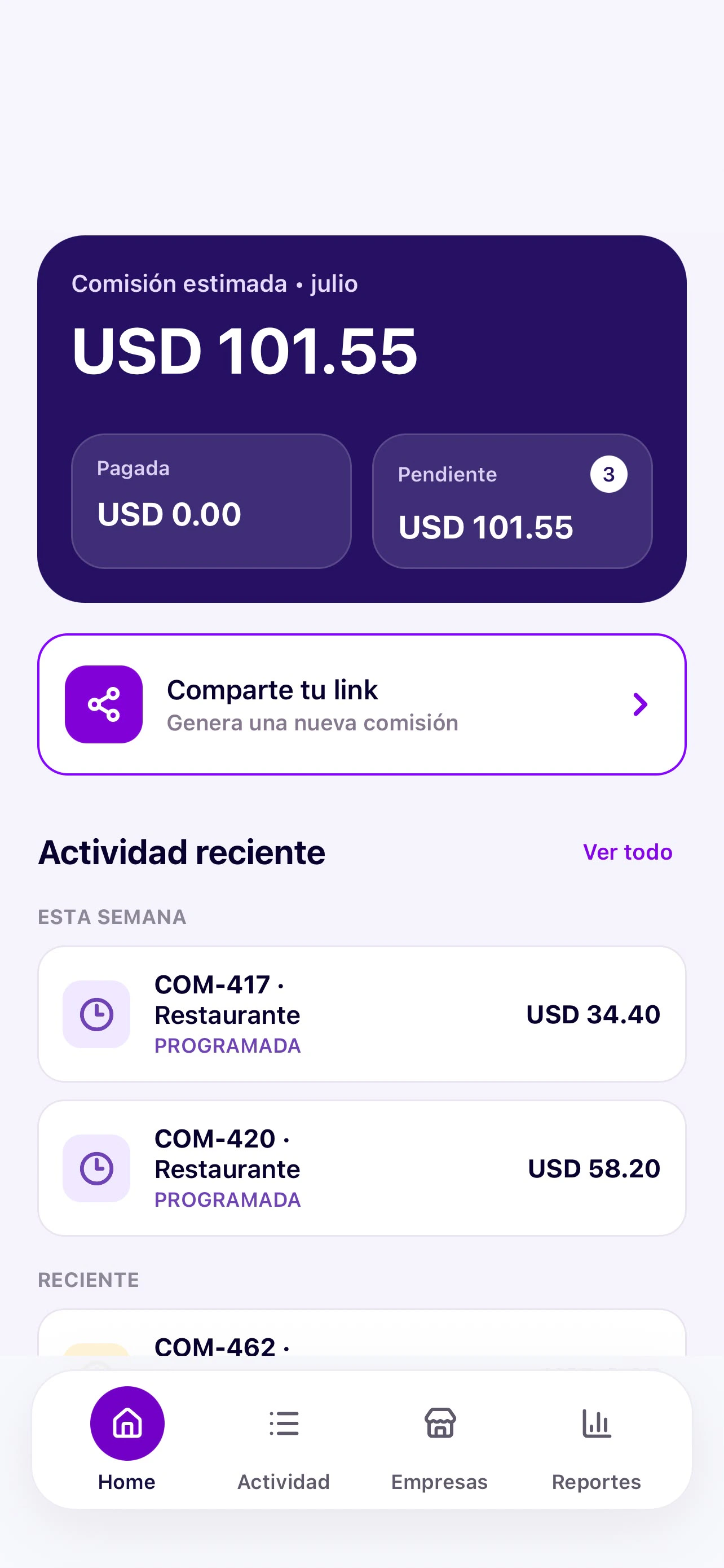Inicio de Connect con la acción para compartir el enlace del concierge.