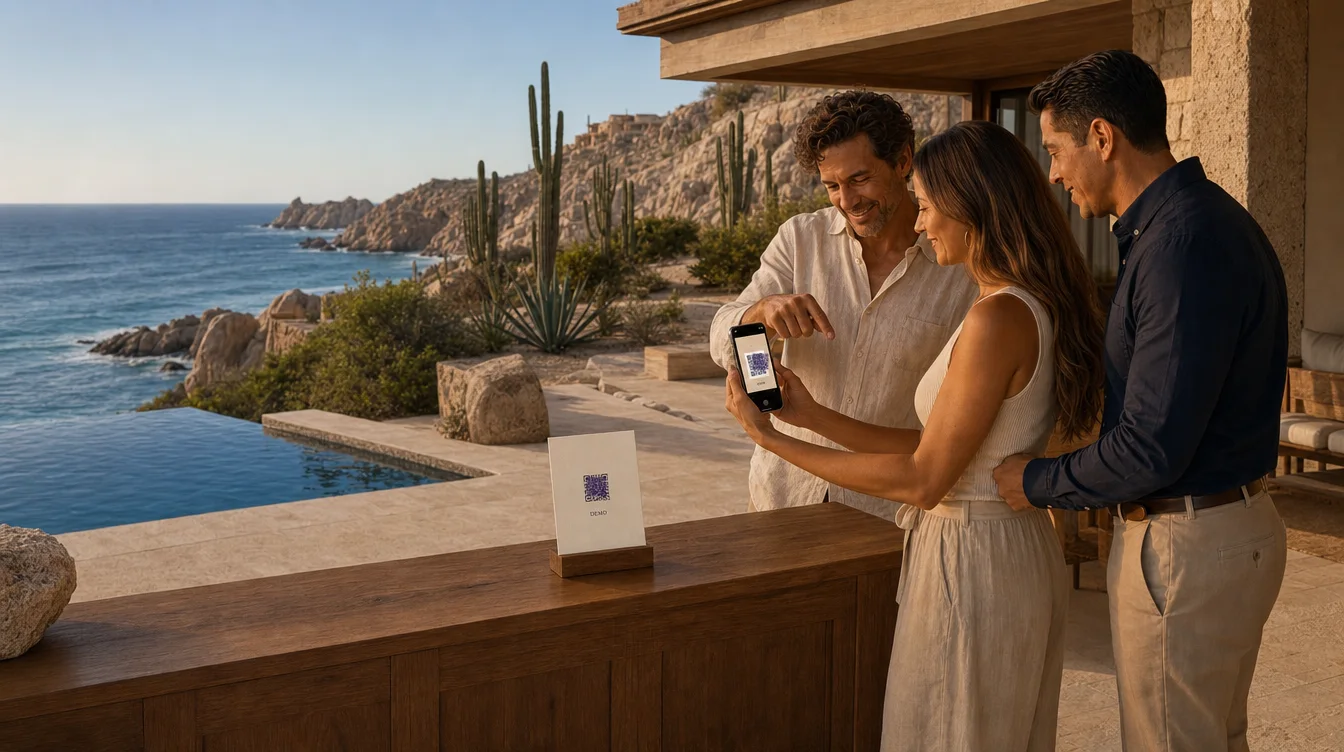 Concierge orienta a huéspedes de una villa frente al Mar de Cortés.
