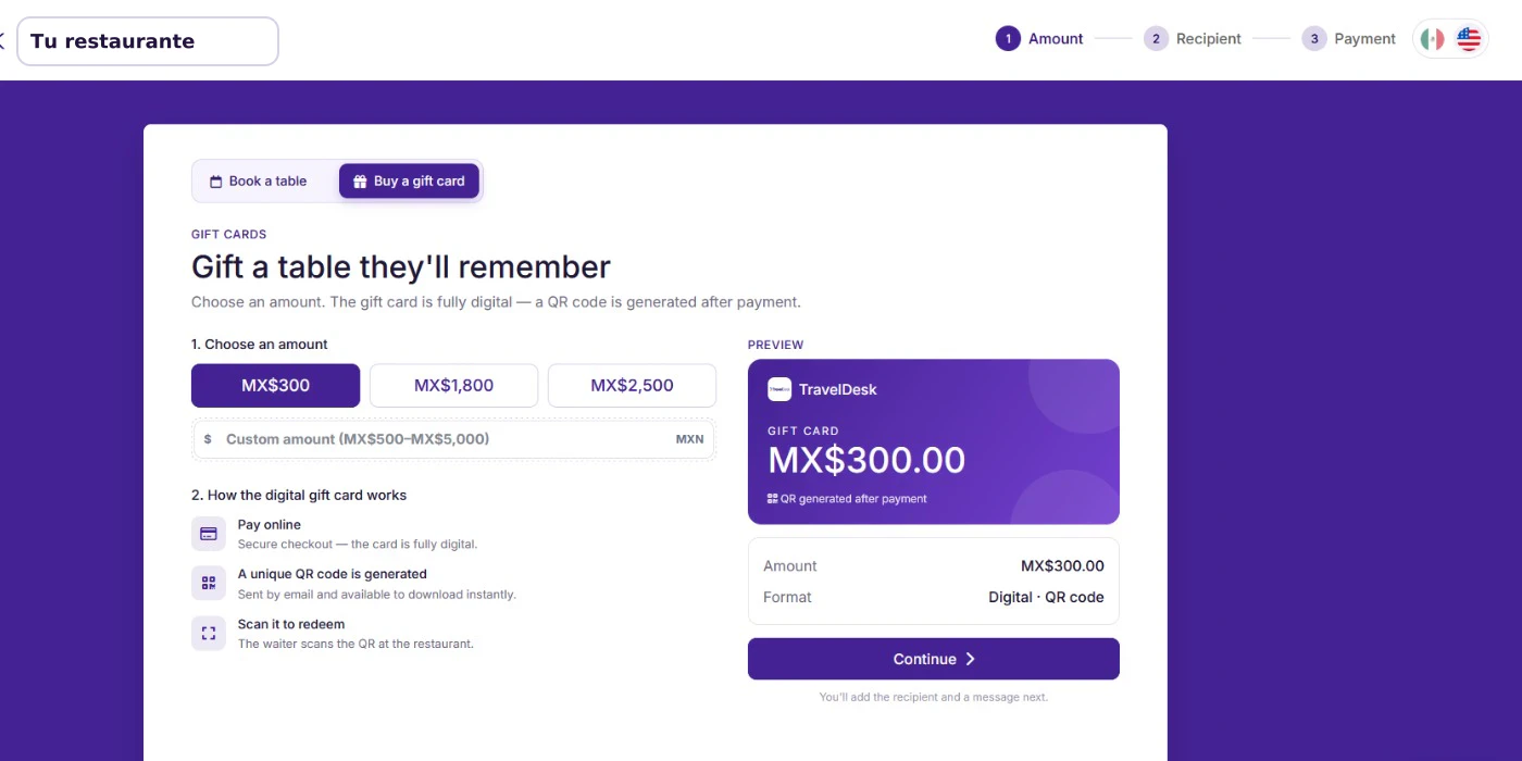 Flujo para comprar una Gift Card con la marca del restaurante.