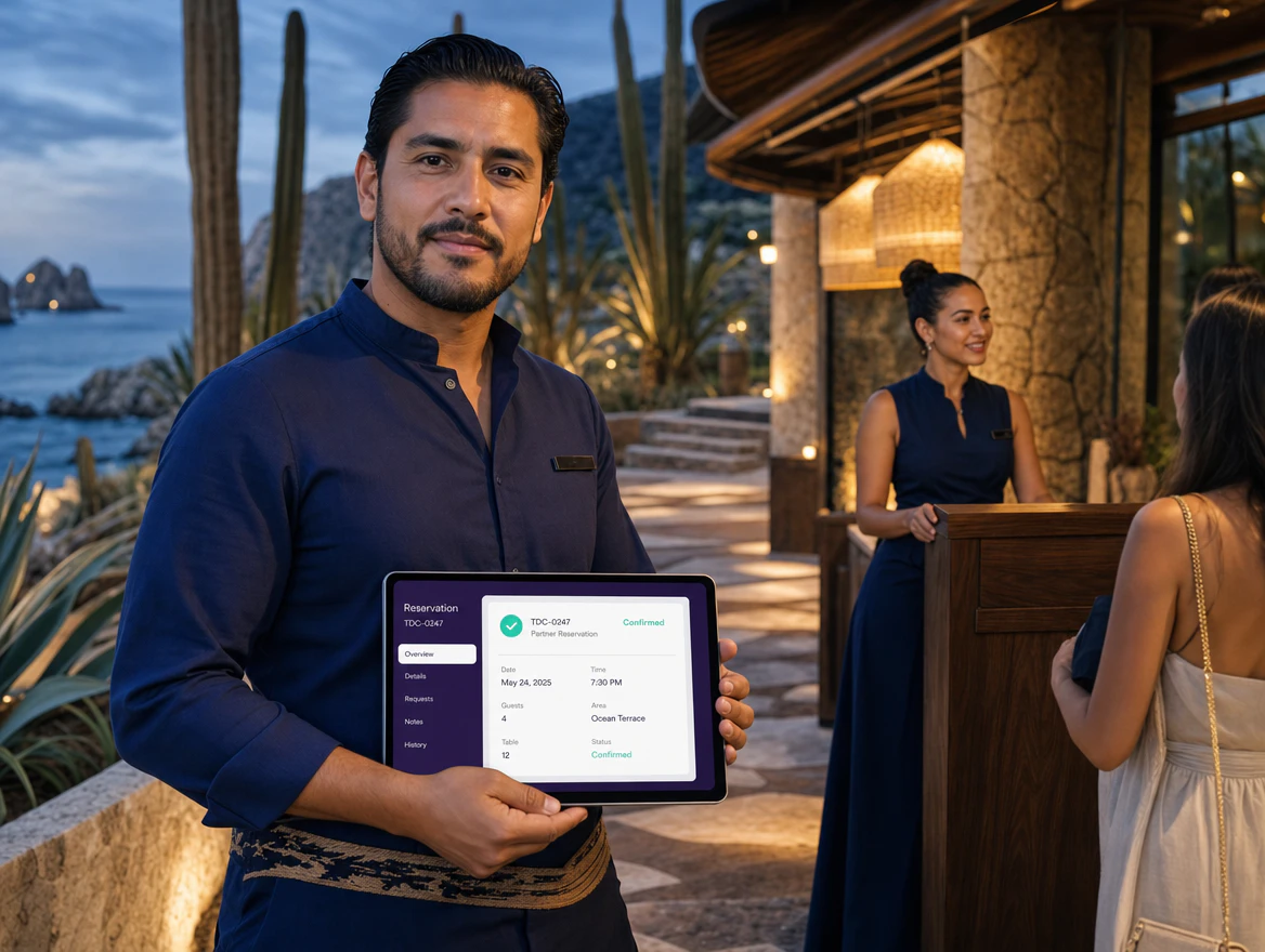 Host de un restaurante de Los Cabos sostiene una tableta con una reservación atribuida mientras el equipo recibe a los huéspedes.