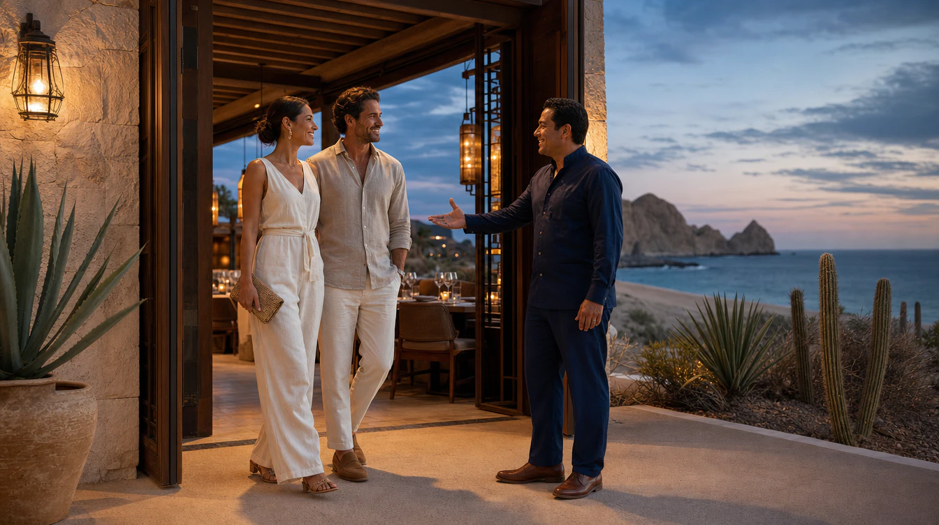 Pareja recibida por el anfitrión en la entrada de un restaurante frente al mar en Los Cabos.