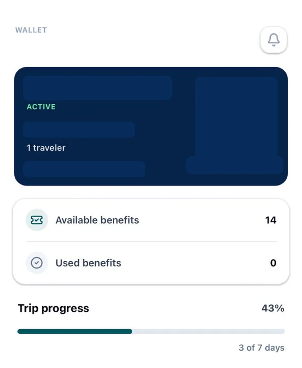 Wallet con beneficios disponibles y progreso de viaje.