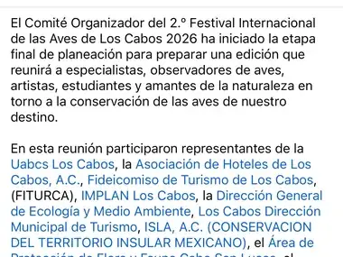Facebook post by Observadores de Aves UABCS about the organizing committee of the bird festival