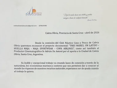 Letter of recognition from the Club Náutico Caza y Pesca de Caleta Olivia