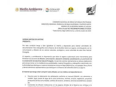 Letter from CONANP, Sierra La Laguna Biosphere Reserve, thanking Adrián De Antoni