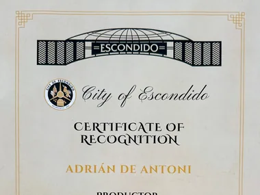 Certificate of recognition from the City of Escondido to Adrián De Antoni