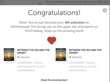 Screenshot of the FilmFreeway notice: “Between the Sea and the Desert” selected by FICCMADERO