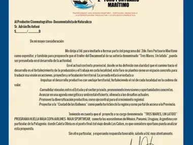 Letter inviting Adrián De Antoni to the 2nd Port and Maritime Forum