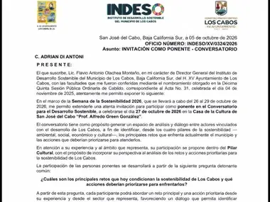 Letter from INDESO Los Cabos inviting Adrián De Antoni to speak during Sustainability Week 2026