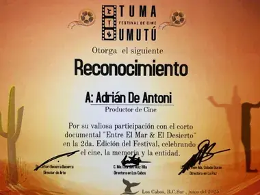Certificate of recognition from the Tuma Umutú Film Festival, June 2025