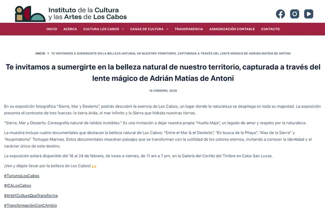 Screenshot of the Instituto de la Cultura y las Artes de Los Cabos article: Immerse yourself in the natural beauty of our land, captured through the magical lens of Adrián Matías de Antoni
