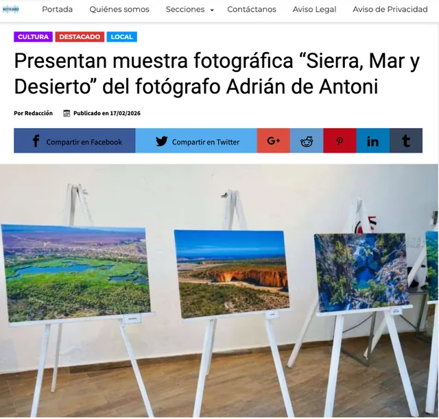Screenshot of the Noticabo article: Photo exhibition “Sierra, Mar y Desierto” by photographer Adrián de Antoni opens