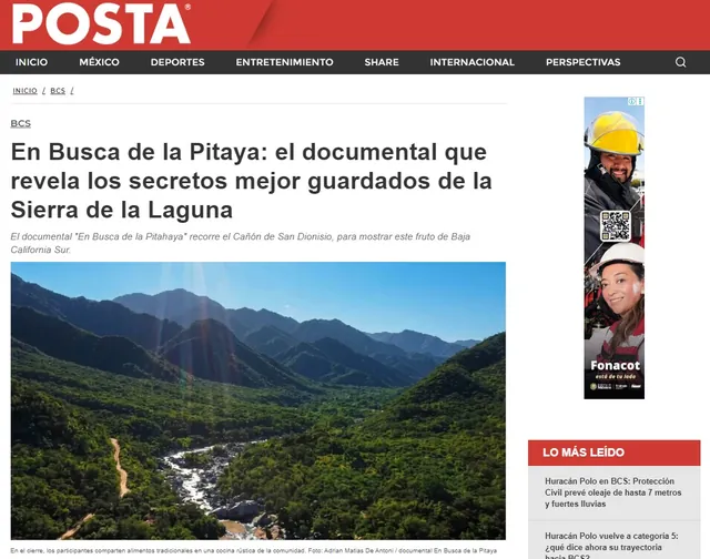 Screenshot of the POSTA article: En Busca de la Pitaya: the documentary that reveals the best-kept secrets of the Sierra de la Laguna