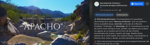 Screenshot of a Facebook post by the Baja California Sur Ministry of Tourism and Economy: APACHO: Rancho Ecológico El Refugio