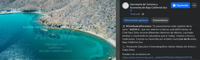 Screenshot of a Facebook post by the Baja California Sur Ministry of Tourism and Economy: AREWA: Isla del Carmen, Loreto