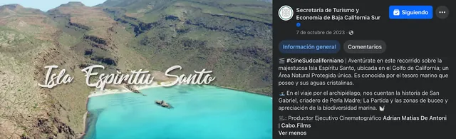 Screenshot of a Facebook post by the Baja California Sur Ministry of Tourism and Economy: Isla Espíritu Santo