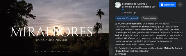 Screenshot of a Facebook post by the Baja California Sur Ministry of Tourism and Economy: Aventuras Sudcalifornianas: Miraflores