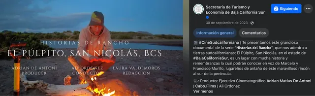 Screenshot of a Facebook post by the Baja California Sur Ministry of Tourism and Economy: Historias del Rancho: El Púlpito, San Nicolás