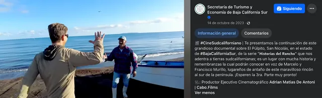 Screenshot of a Facebook post by the Baja California Sur Ministry of Tourism and Economy: Historias del Rancho: El Púlpito, San Nicolás (part 2)