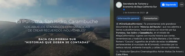 Screenshot of a Facebook post by the Baja California Sur Ministry of Tourism and Economy: Historias del Rancho: La Purísima, San Isidro and Carambuche