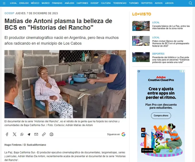 Screenshot of the El Sudcaliforniano article: Matías de Antoni captures the beauty of BCS in “Historias del Rancho”