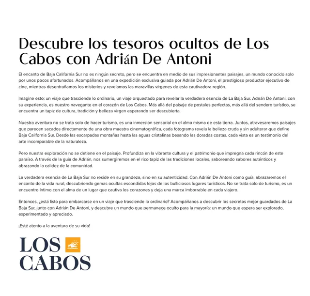 Screenshot of the Visit Los Cabos article: Discover the hidden treasures of Los Cabos with Adrián De Antoni