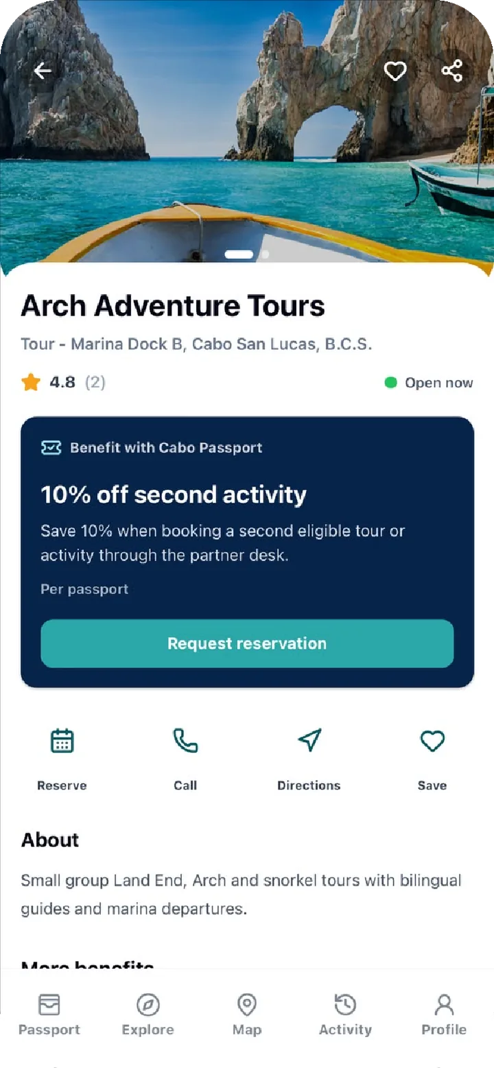 Cabo Passport app — venue page with member benefit and reservation request