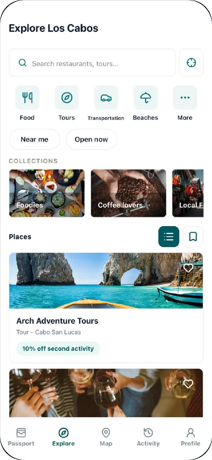 Cabo Passport app — explore Los Cabos restaurants, tours and collections
