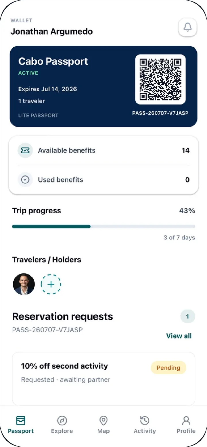 Cabo Passport app — your pass with QR code, active benefits and trip progress