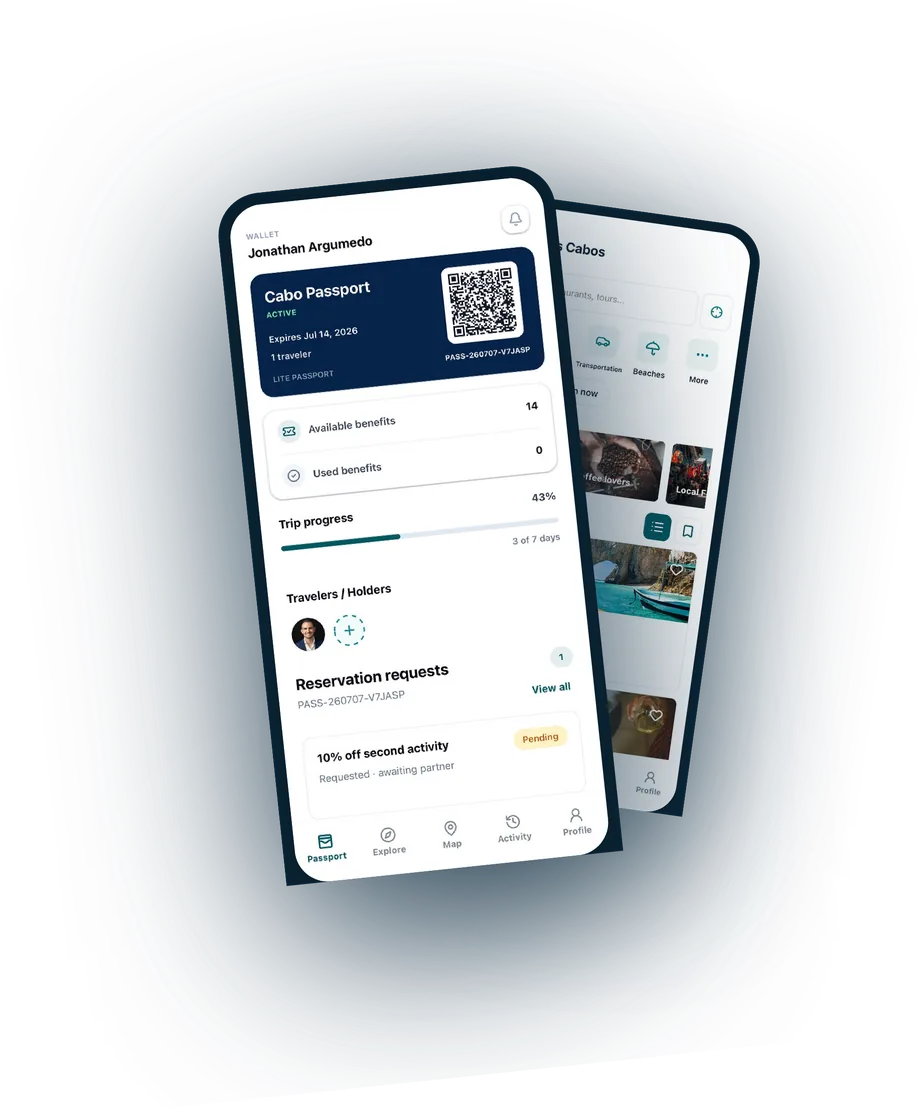 Cabo Passport on two phones — your member pass with QR code and the Explore Los Cabos directory