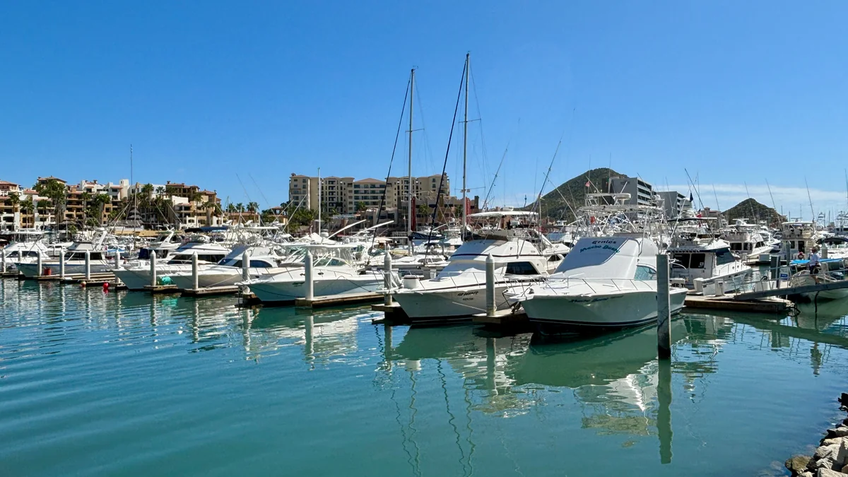 Boats, docks and the surrounding hills at the Cabo San Lucas marina
