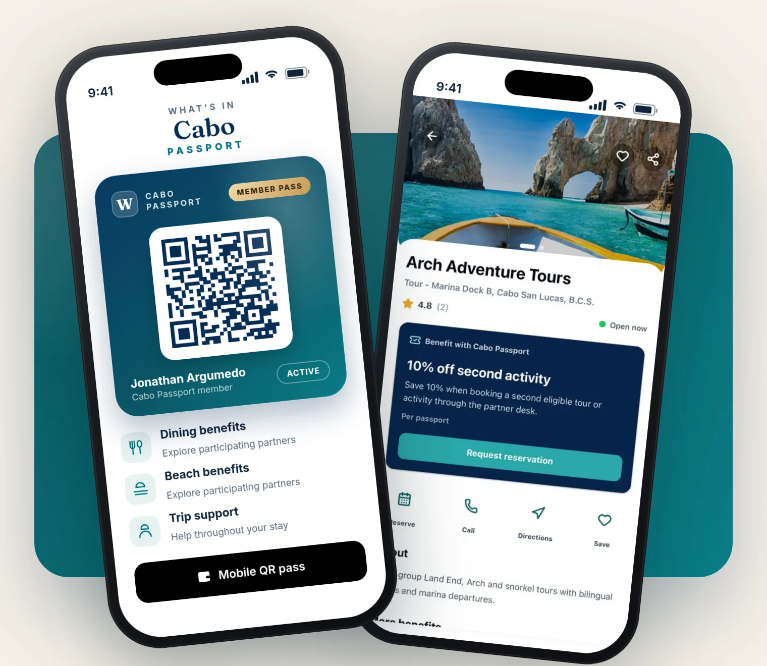 Jonathan Argumedo's Cabo Passport beside a partner benefit and reservation request screen