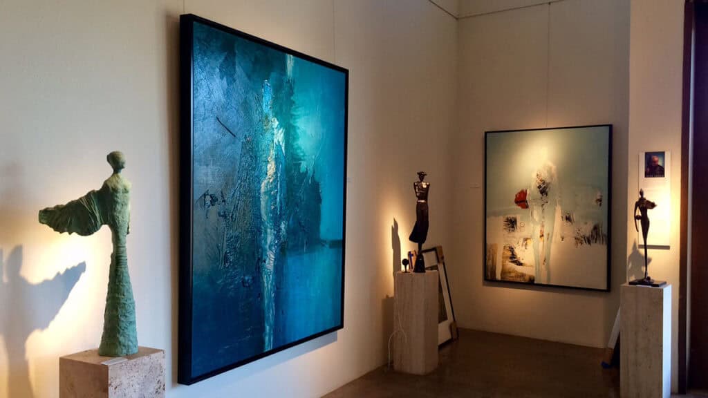 Outdoor artwork display during Art Walk in San Jose del Cabo