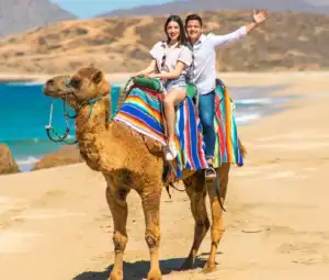 Couple riding a camel on the Pacific beach at the Los Cabos Conservation Center
