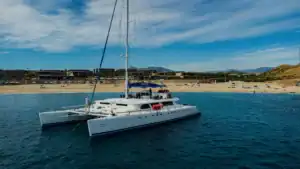 EcoCat luxury catamaran anchored near a Cabo San Lucas beach in daylight