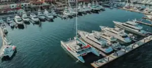EcoCat catamaran docked at the Cabo San Lucas Marina, aerial view