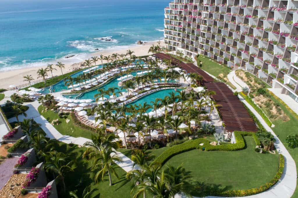 Grand Velas Los Cabos from above, between the highway and the sea