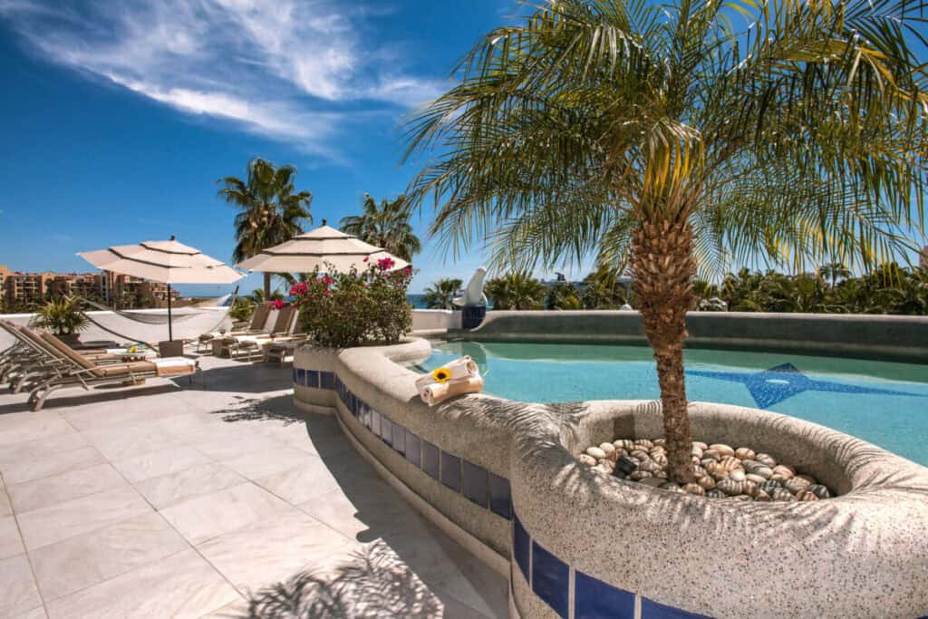 Club Cascadas de Baja — curved pool with a palm in a central planter and parasols facing the sea