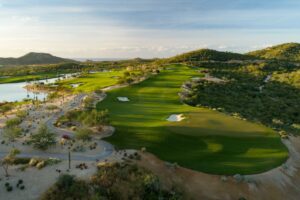 Chileno Bay golf fairway and lake in the Los Cabos desert
